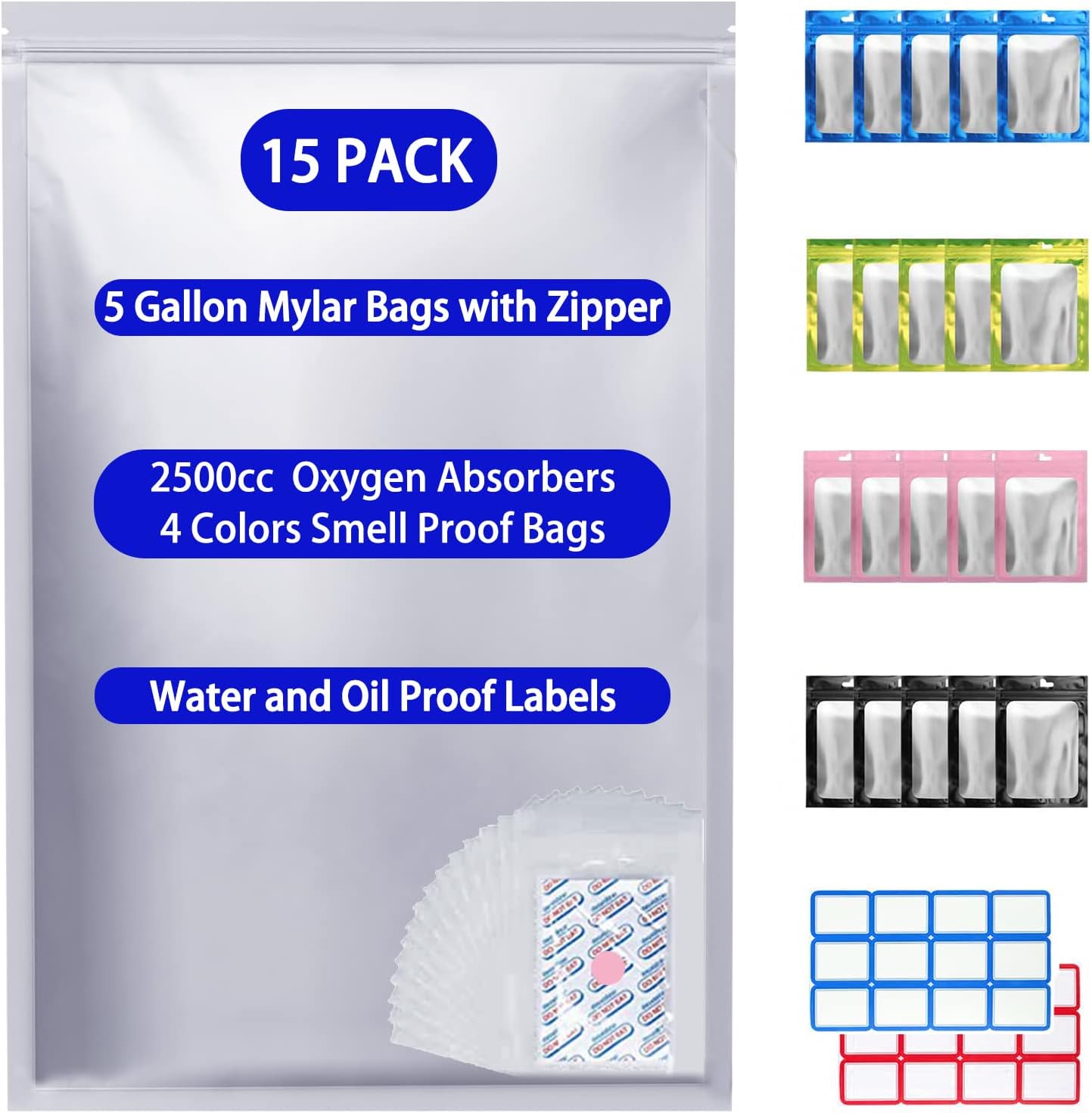 Food Storage Oxygen Absorbers - 15 Pcs 5 Gallon Mylar Bags