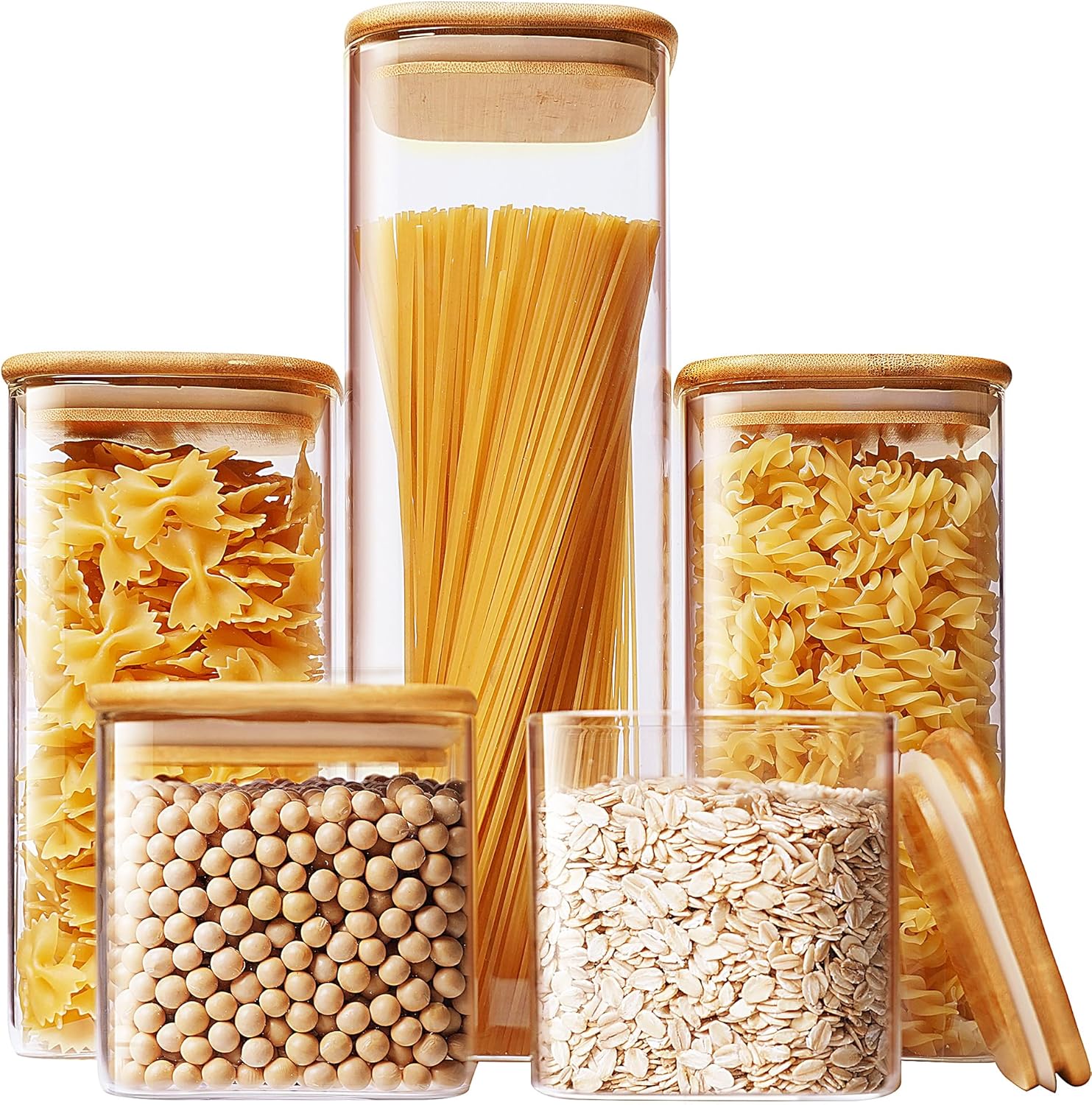 Food Storage Jar Set - Square Glass Jars with Bamboo Lids