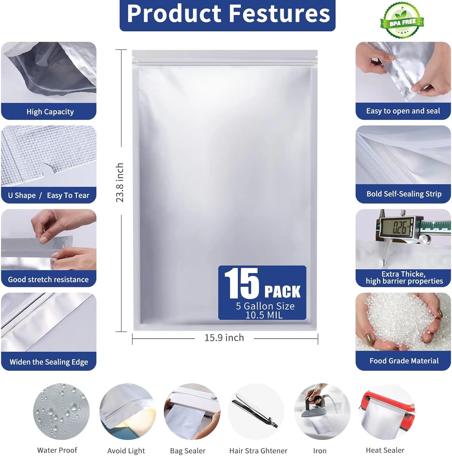 15 Pcs 5 Gallon Mylar Bags wit - Food Storage Oxygen Absorbers ulasan dan harga