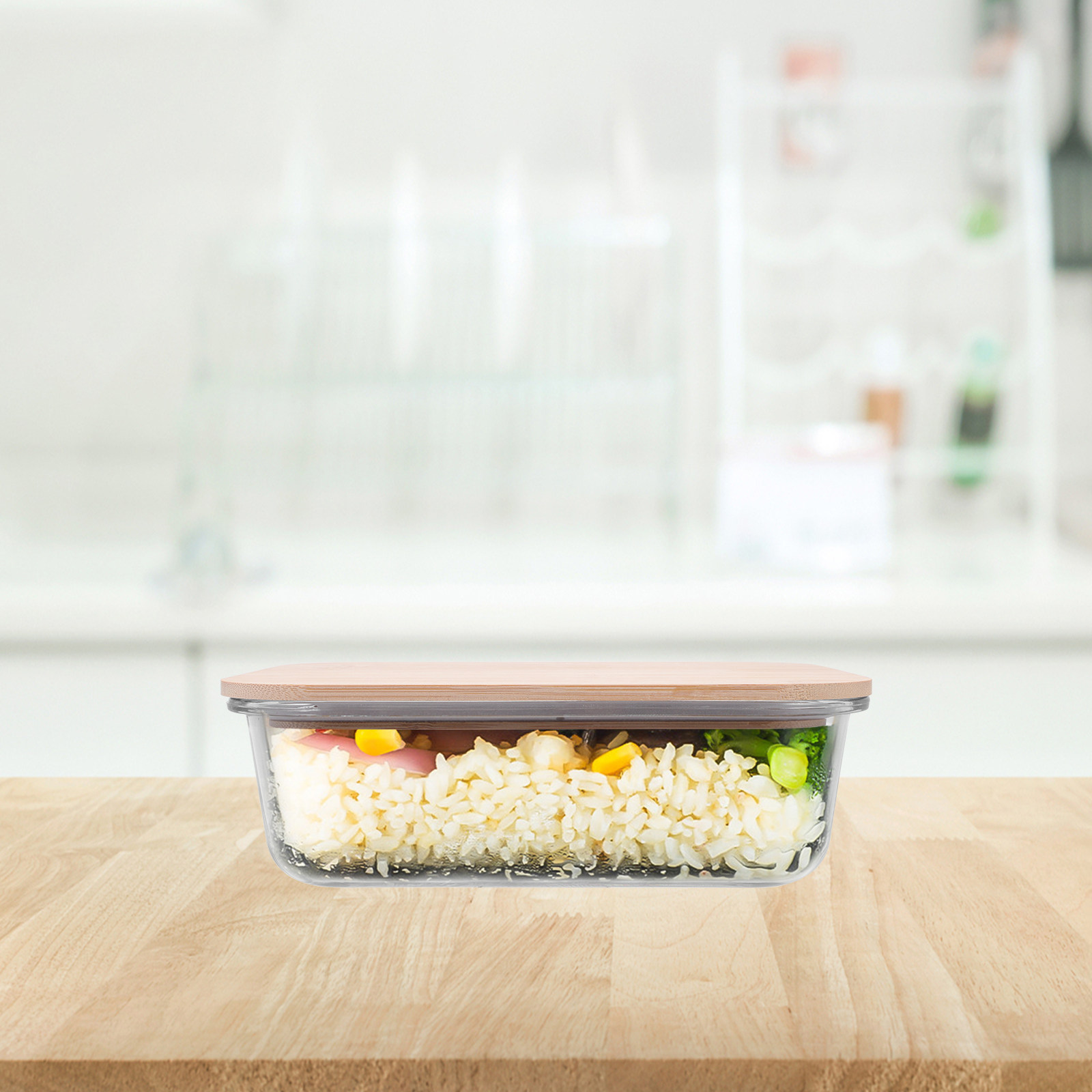Bamboo Wood Lid Glass Food Con - Food Storage Home ulasan dan harga